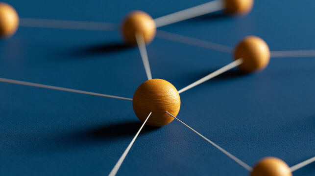 Elegant photo of Wooden spheres connected by threads on blue background. This social network conceptual structure represents communication and professional connectivity.