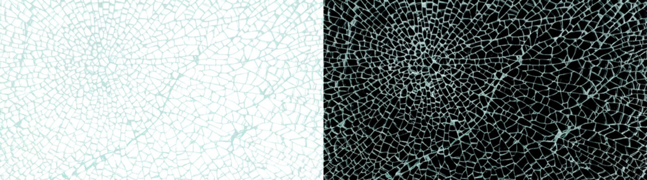 Realistic allover fine glass crack pattern with uniform mosaic web for background overlay in PNG, Transparent and Black Background Versions