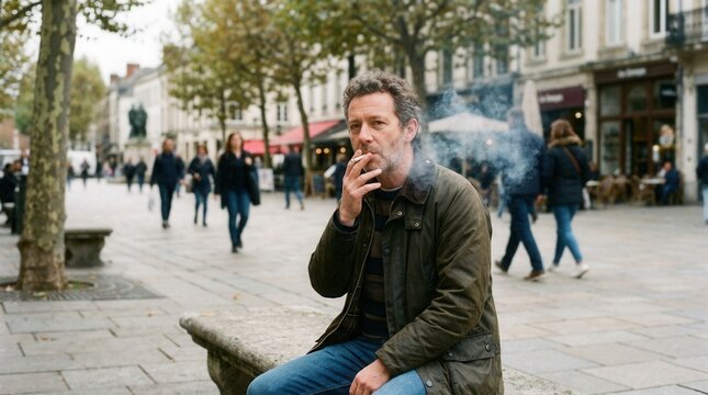 Man Smoking On A Bustling City Street Outdoor Scene