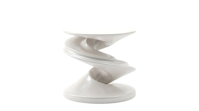 Modern white spiral stool or side table with a sculptural twisted design isolated on transparent background