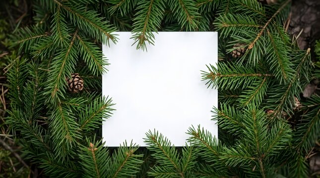 White blank paper framed by lush green pine needles and forest background for cristmas
