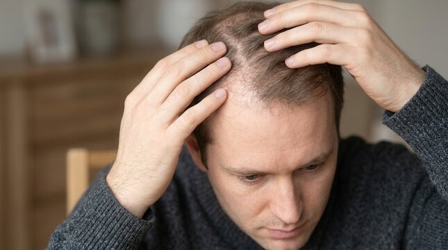 Man Examining Thinning Hair and Scalp Concern