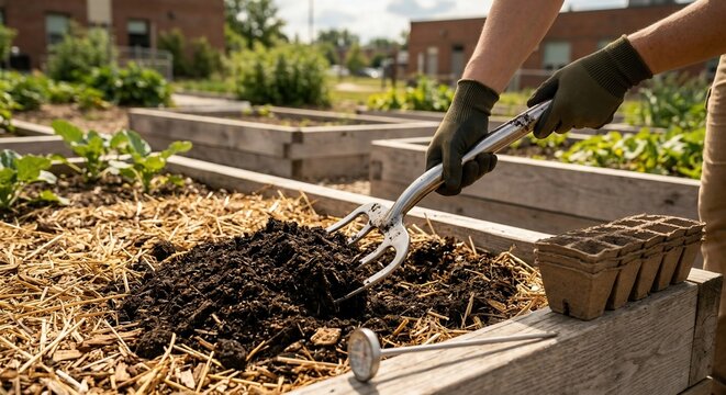 Gardener using pitchfork to turn rich dark soil inside wooden raised garden bed