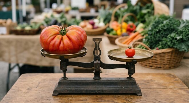 Giant heirloom tomato and small red cherry variety on antique brass scale