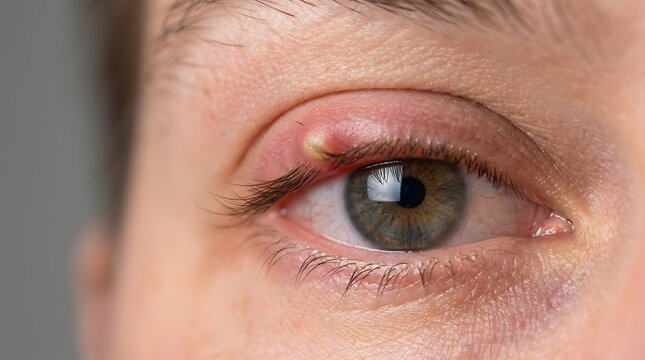 Hordeolum stye infection localized on upper eyelid margin close to root of eyelashes macro.
