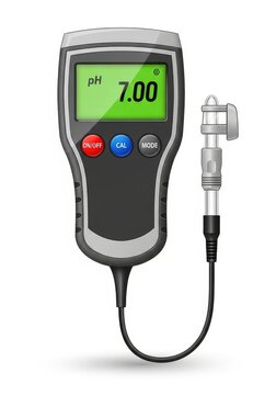 Digital portable ph meter device with sensor probe for water quality testing and scientific laboratory analysis.