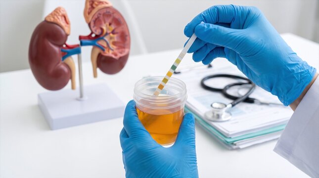 urine sample jar held by a doctor for laboratory urinalysis and health checkup.