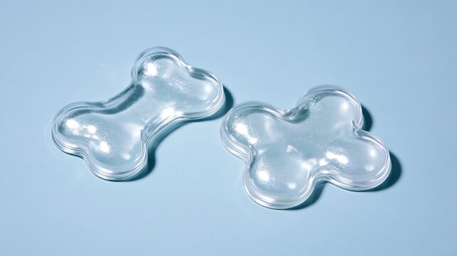 Two iridescent glittery transparent bone and flower shaped clear resin molds placed on plain solid light blue background minimalist product for diy craft making
