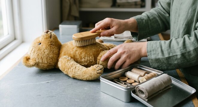 Person brushing fluffy brown toy bear on table with sewing kit