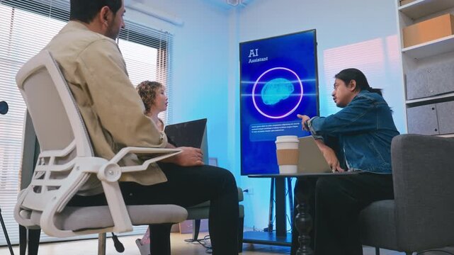 Business and creative team collaborating meeting in office using Brain AI assistant, big data, and digital tools for innovation and strategy.