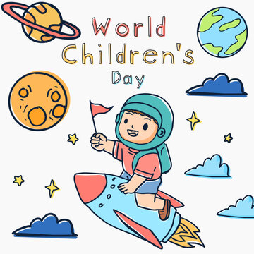 World Childrens Day Square Post Template Kid Riding Rocket