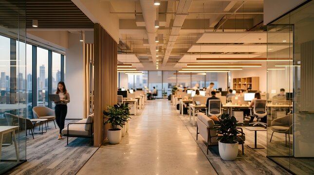 Modern corporate office interior with professionals working