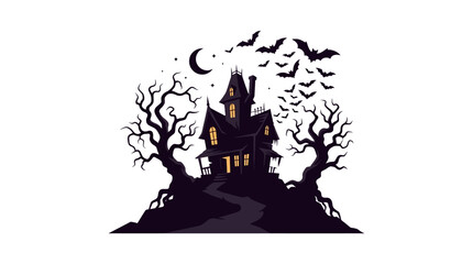 Fototapeta premium Flat vector illustration of a spooky haunted house on a hill with bats, dead trees, and a crescent moon under a starry night sky, isolated on a white background for Halloween.