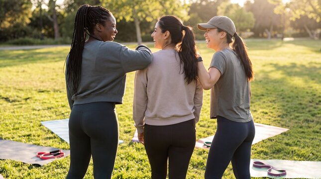 Three smiling diverse women in activewear enjoying a joyful moment after their fitness workout in a sunny park