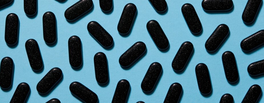 Randomly arranged glossy glittery black oval capsules scattered across plain solid light blue background flat lay monochrome decorative pattern