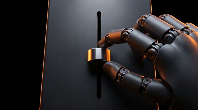 Top down macro view of dark humanoid robotic fingers sliding metallic console fader on pitch black background with rim lighting for parameter tuning model optimization and system control concept