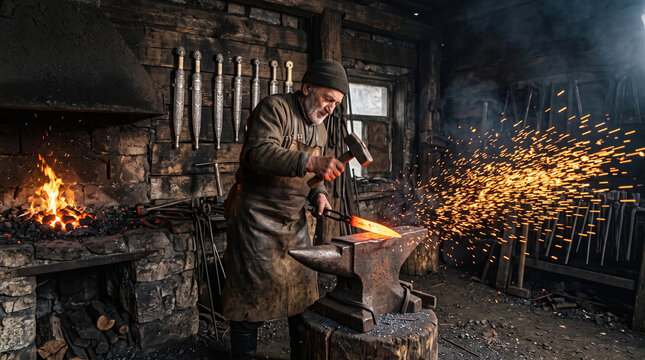 Elderly male blacksmith forging red hot steel dagger blade with hammer on anvil with glowing flying sparks in rustic dark authentic forge workshop interior