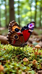 Fototapeta premium ultra realistic macro photograph of a colorful peacock butterfly displaying eye like wing patterns while resting on fresh moss beside tiny forest mushrooms