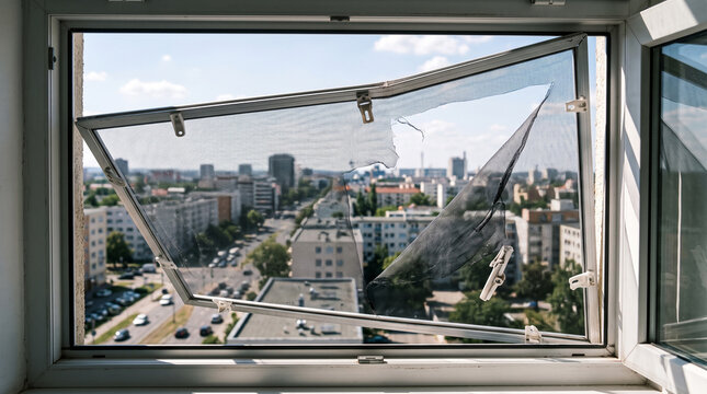 Torn and broken insect screen frame hanging detached from open high rise apartment window with sunny urban cityscape view outside in summer