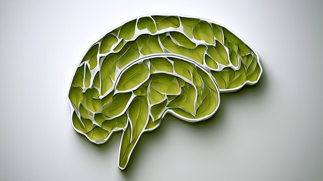 Human brain anatomy represented by green leaves isolated on a white background