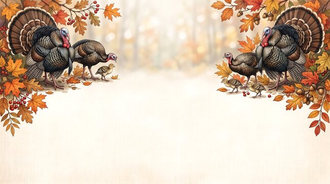 Festive thanksgiving background featuring watercolor turkeys and autumn leaves with a central copy space for your holiday greeting card design