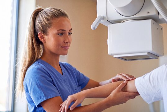 Radiographer Positioning Patient Arm for X-ray Examination in Hospital