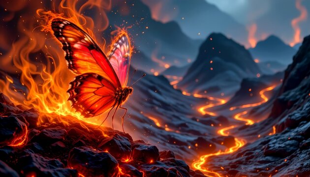 mystical butterfly with fiery orange and crimson wings emerging gracefully from glowing embers, enchanted volcanic landscape illuminated by flowing lava rivers, floating sparks and magical smoke