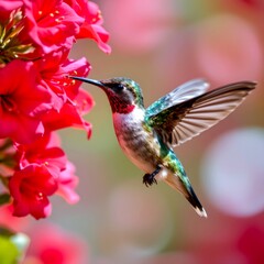 Fototapeta premium premium hummingbird hovering in mid air while feeding from vibrant red trumpet flowers, iridescent emerald feathers sparkling in sunlight, wings rendered with natural motion blur