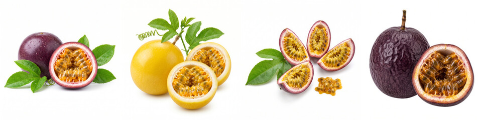 Obraz premium Passion fruit set with purple and yellow maracuja, featuring whole, halved, and sliced fresh tropical fruits with green leaves and juicy pulp for healthy dessert recipes or packaging