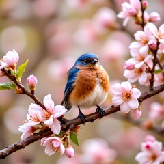 Fototapeta premium hyper realistic wildlife photography featuring a charming eastern bluebird perched on a blooming apple blossom branch, brilliant blue and warm orange plumage with intricate feather detail
