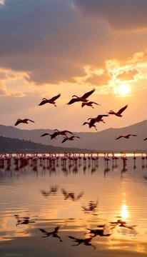 premium wildlife photography featuring a flock of elegant flamingos flying together across a glowing sunset sky, synchronized wing movement reflected on calm water below, soft golden and pink tones