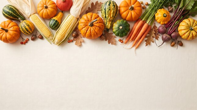 Top border frame composed of assorted pumpkins gourds corn and autumn vegetables for a festive thanksgiving holiday season background display