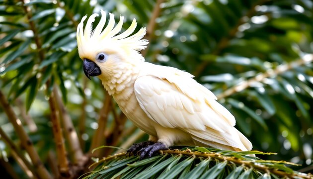 premium wildlife photography featuring a white sulphur crested cockatoo displaying elegant raised crest feathers while perched on a tropical palm tree