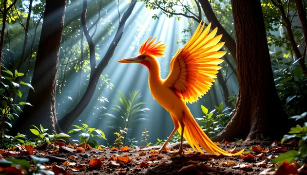 ultra realistic bird of paradise performing an elegant courtship display deep within an exotic rainforest clearing, extraordinary ornamental feathers flowing gracefully