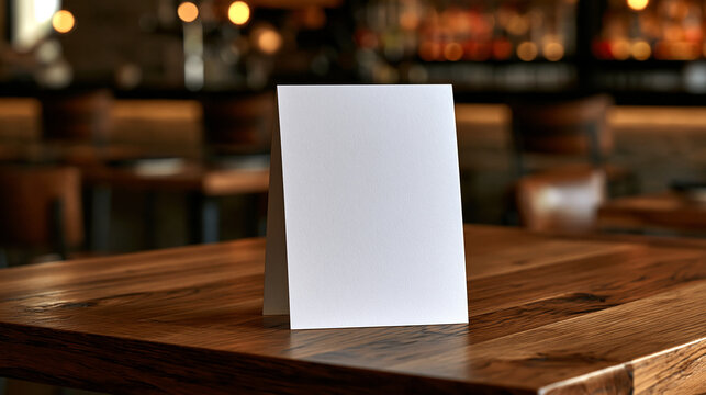 Elegant photo of Blank white table tent card on a wooden restaurant table with blurred interior background. Perfect template for menu, promotion, or event information.