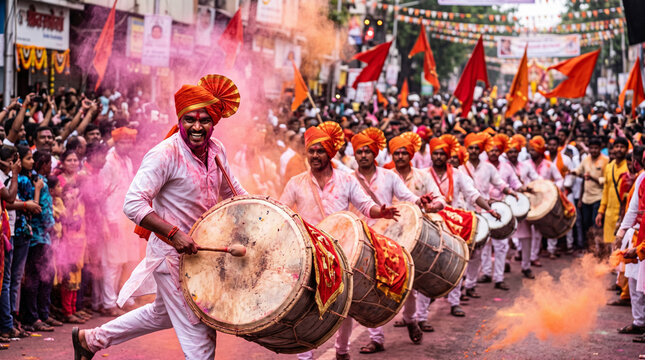 Indian percussionist in traditional saffron turban and white kurta energetically playing large dhol drum amidst pink gulal powder clouds in festive street parade in Pune India.
