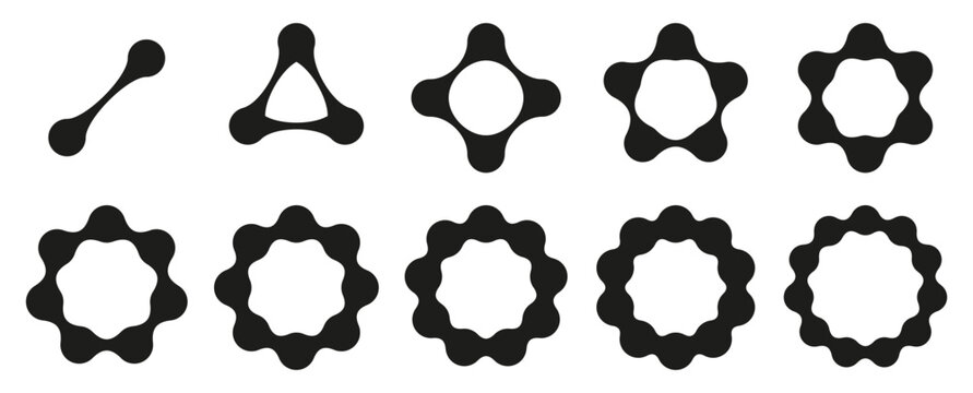 Metaball abstract geometric node shapes, fluid organic liquid blob round frames, futuristic modern minimal graphic elements, dynamic soft connected molecule structures design template set