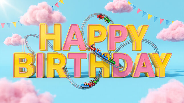Pastel roller coaster train filled with riders looping dynamically around giant pastel yellow and pink 3D Happy Birthday typography against blue sky and fluffy pink clouds, 3D render.