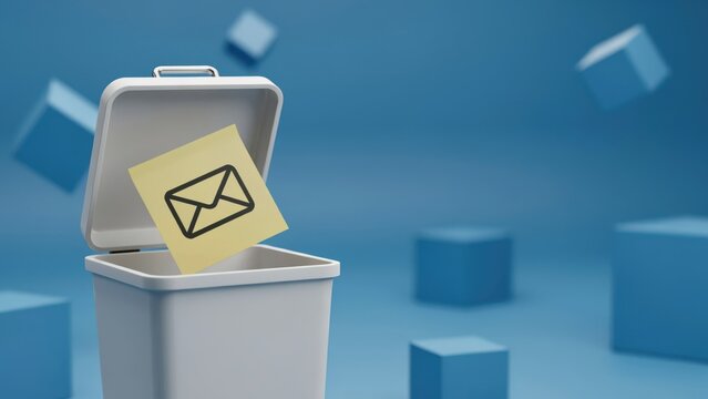 An envelope icon on a paper note being thrown into a trash bin against a blue background. Spam and unwanted email deletion concept for digital communication.