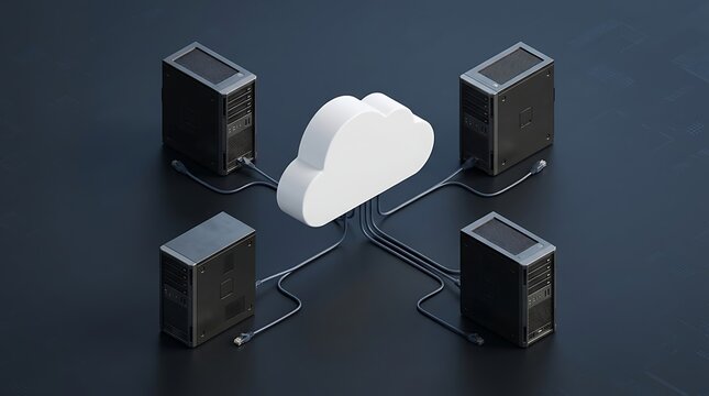 A conceptual illustration showing four server towers connected to a central cloud computing data storage network system