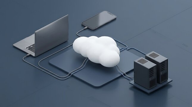 A 3d render showing cloud computing data connectivity between a laptop server and mobile devices on table