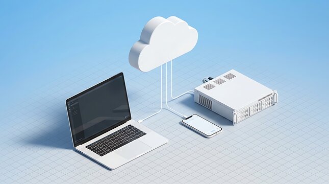 A laptop computer connected to a digital cloud computing data network on a clean blue background surface