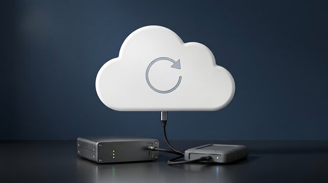 A conceptual 3d illustration showing cloud computing data backup and synchronization process on a dark background