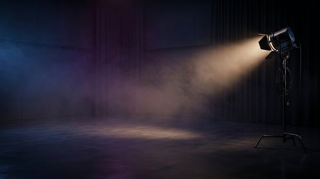 Empty stage background featuring dramatic studio lighting with a bright spotlight beam in darkness