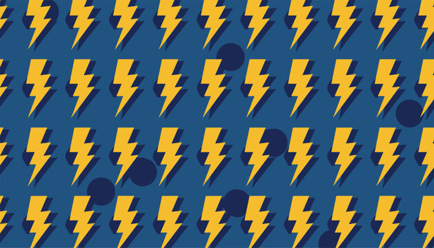 Dynamic seamless pattern of bright yellow lightning bolts and dark blue circles on a medium blue backdrop.