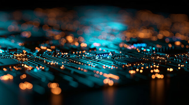 Futuristic Circuit Board with Glowing Data Lights