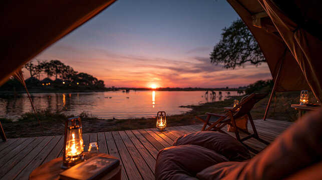Luxury Glamping Tent View of African Safari Sunset