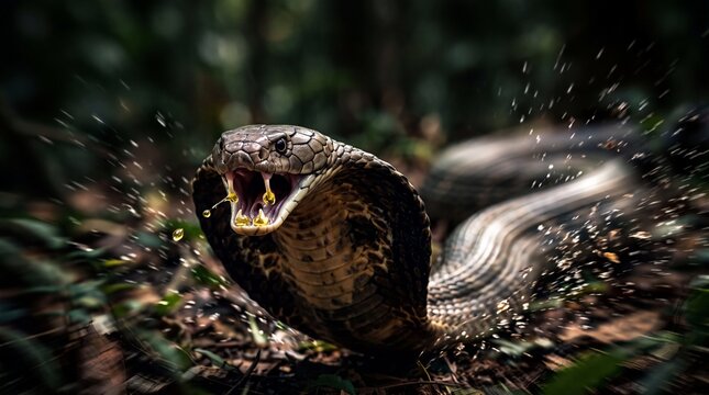 King Cobra Spitting Venom During Aggressive Strike Attack