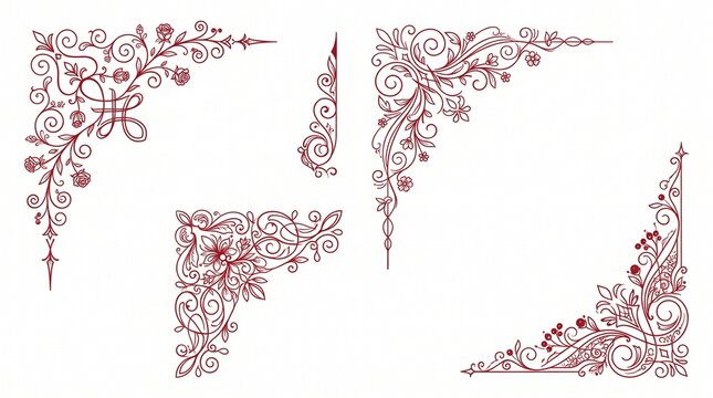 Elegant Vintage Floral Corner Borders with Calligraphic Swirls and Decorative Ornaments Set