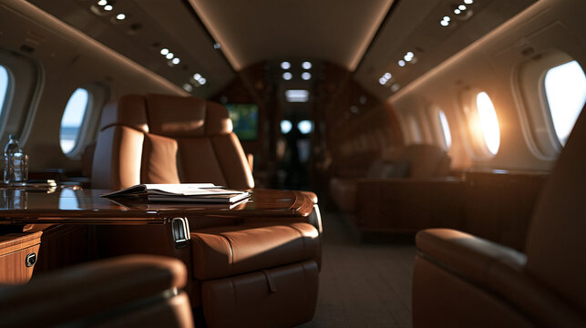 Luxury Private Jet Interior with Leather Seats and Table
